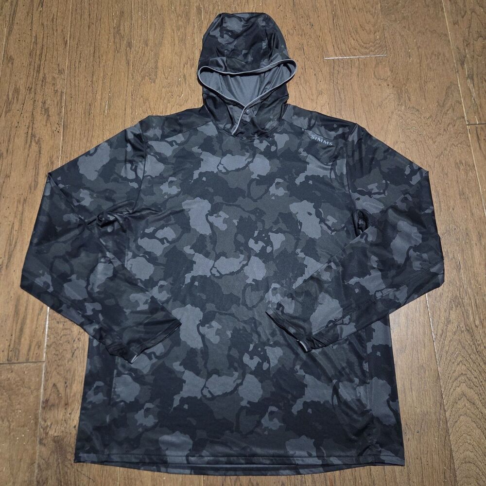 Simms Solarflex Hoodie Men Large Camouflage UPF50 Lightweight Stretch Fishing